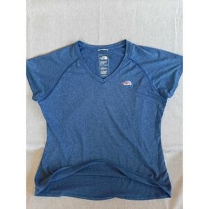 The North Face Women's XL Art Logo V-Neck Top Blouse Short Sleeve Blue Polyester